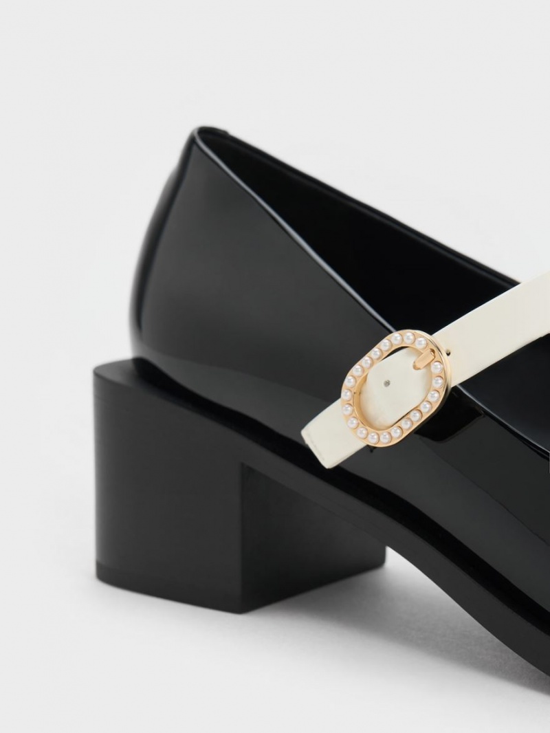 παπουτσια mary jane Charles And Keith λουστρινι Crystal-Embellished πόρπης Two-Tone μαυρα | 52017-VEQM
