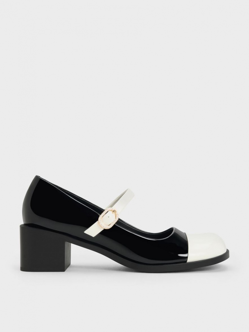παπουτσια mary jane Charles And Keith λουστρινι Crystal-Embellished πόρπης Two-Tone μαυρα | 52017-VEQM