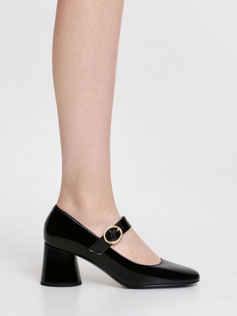 παπουτσια mary jane Charles And Keith λουστρινι Cylindrical Block Heel μαυρα | 46802-RVMD