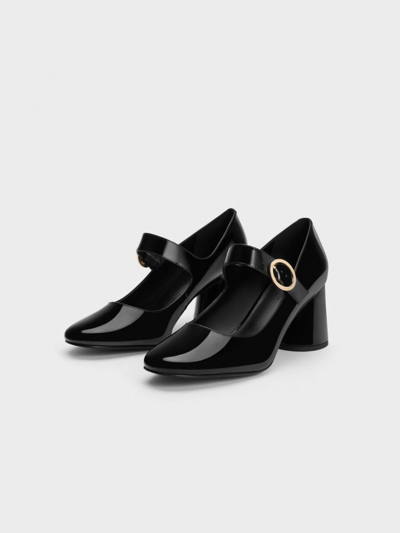 παπουτσια mary jane Charles And Keith λουστρινι Cylindrical Block Heel μαυρα | 46802-RVMD
