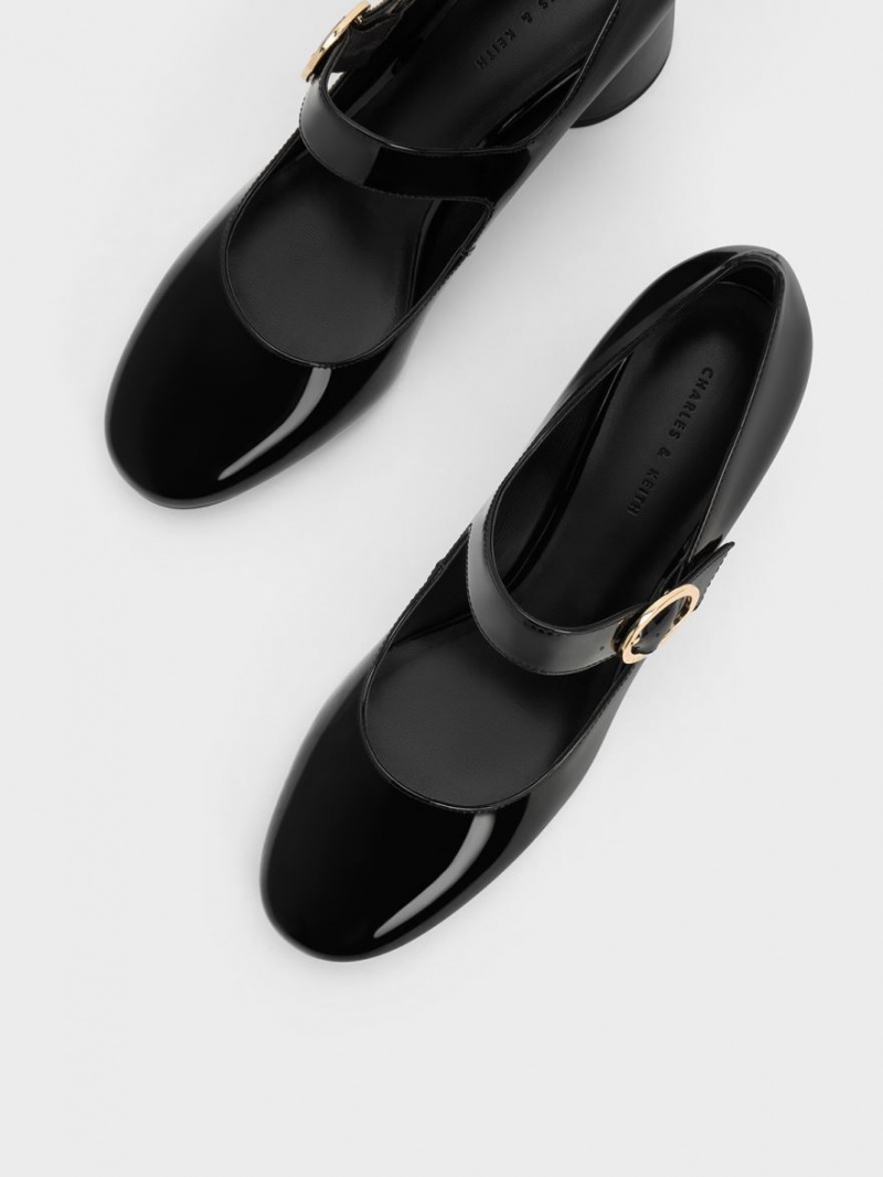 παπουτσια mary jane Charles And Keith λουστρινι Cylindrical Block Heel μαυρα | 46802-RVMD