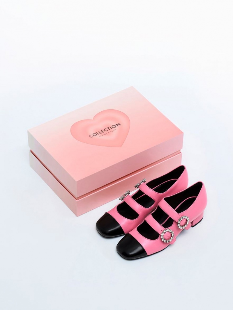 παπουτσια mary jane Charles And Keith δερματινα Double-πόρπης Crystal-Embellished ροζ | 85374-AYVR