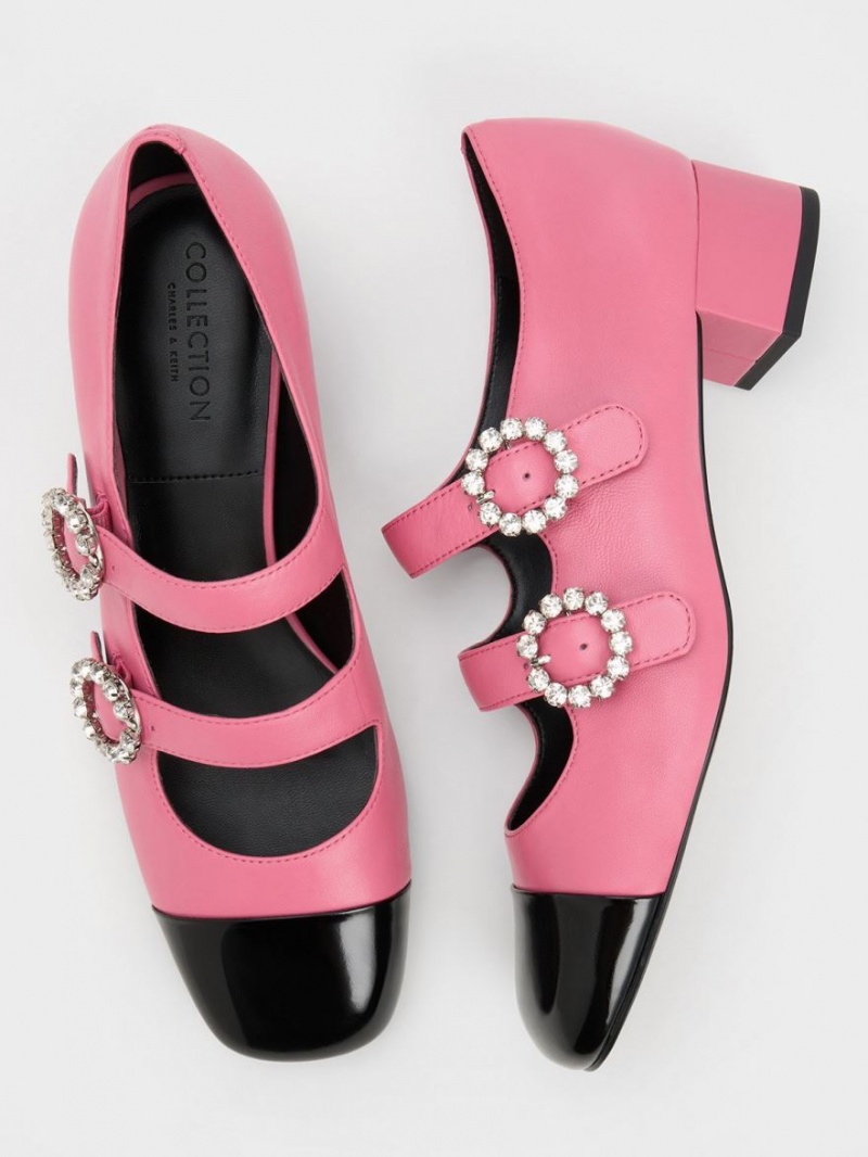 παπουτσια mary jane Charles And Keith δερματινα Double-πόρπης Crystal-Embellished ροζ | 85374-AYVR