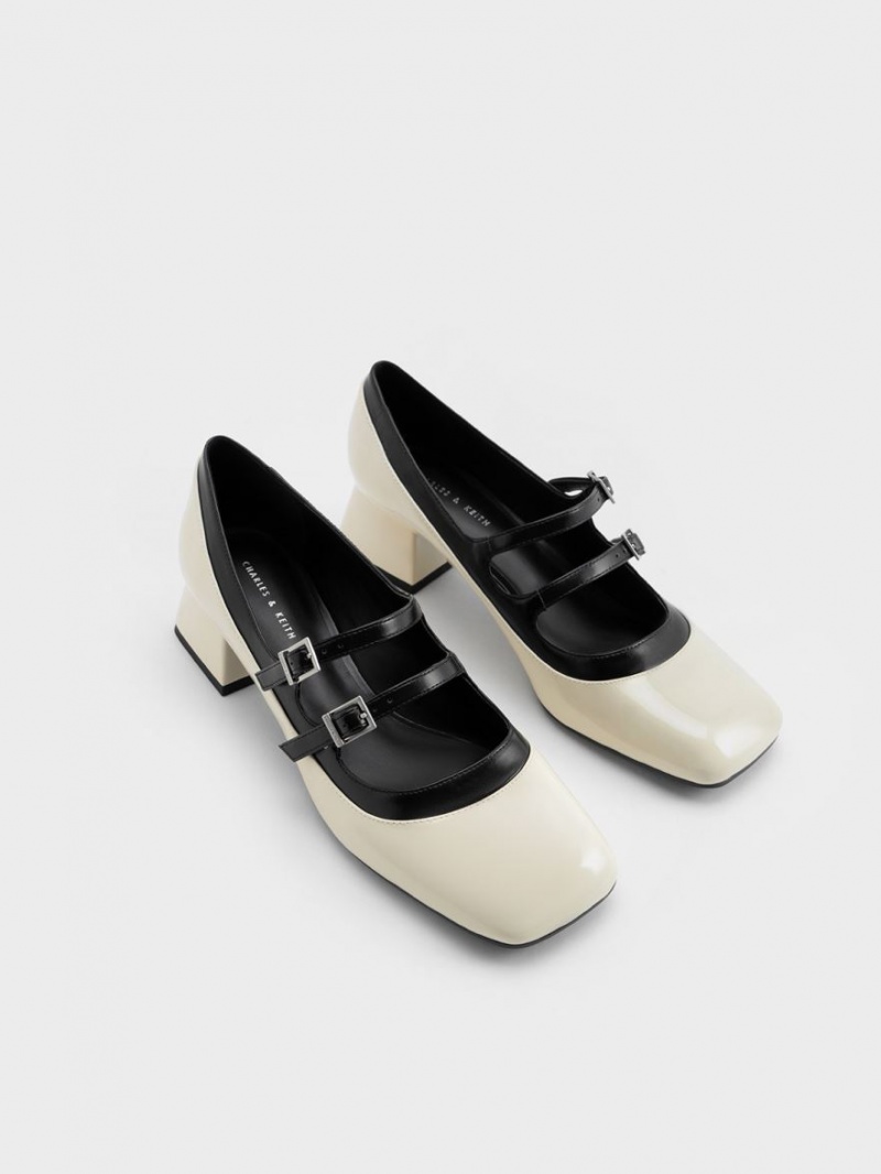 παπουτσια mary jane Charles And Keith λουστρινι Double πόρπης Two-Tone ασπρα | 71439-PZHE