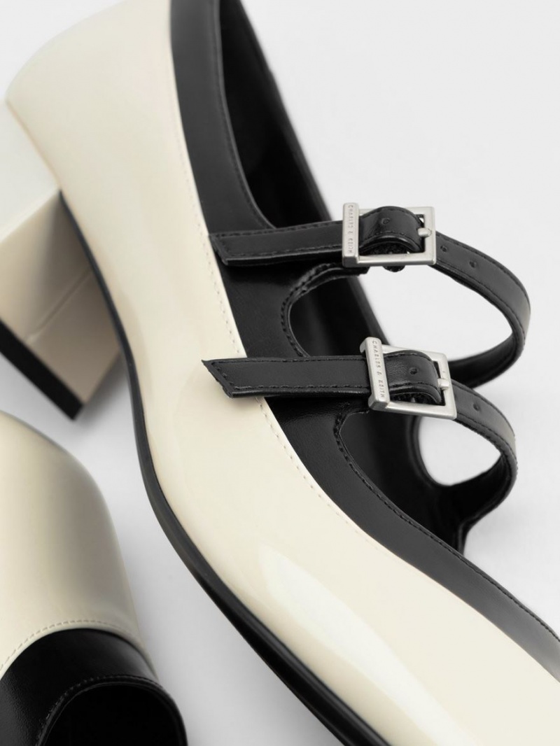 παπουτσια mary jane Charles And Keith λουστρινι Double πόρπης Two-Tone ασπρα | 71439-PZHE