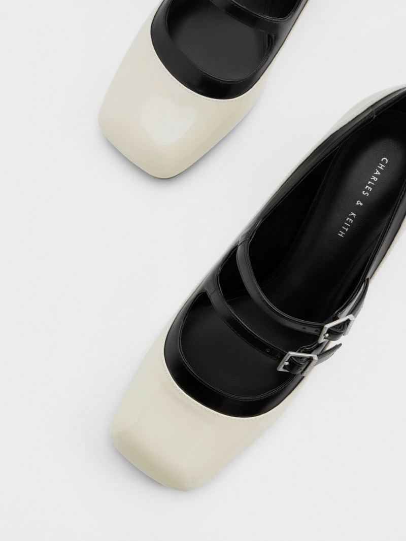 παπουτσια mary jane Charles And Keith λουστρινι Double πόρπης Two-Tone ασπρα | 71439-PZHE