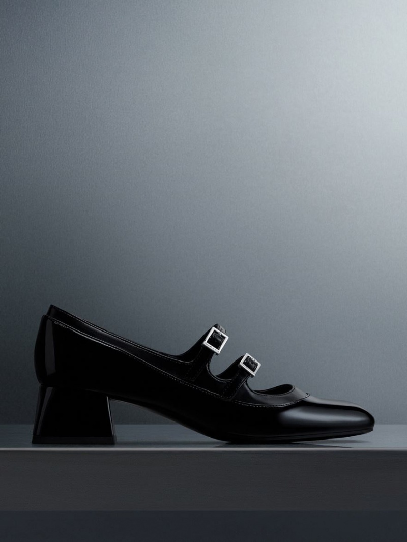 παπουτσια mary jane Charles And Keith λουστρινι Double πόρπης μαυρα | 39154-SIUG