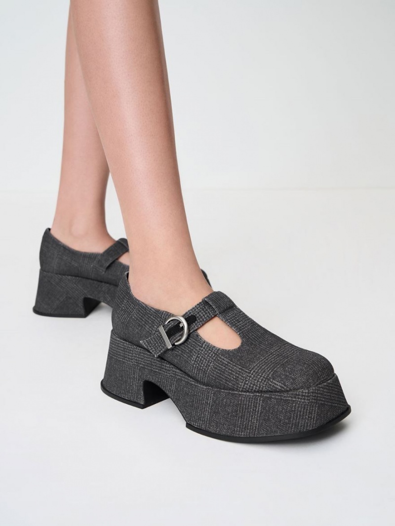 παπουτσια mary jane Charles And Keith flatforms T-Bar γκρι | 49537-FYKT