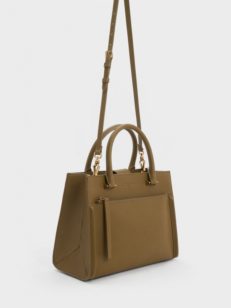 τσάντεσ tote Charles And Keith Anwen Structured Χακί | 10835-SHBC