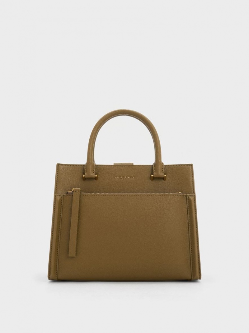 τσάντεσ tote Charles And Keith Anwen Structured Χακί | 10835-SHBC