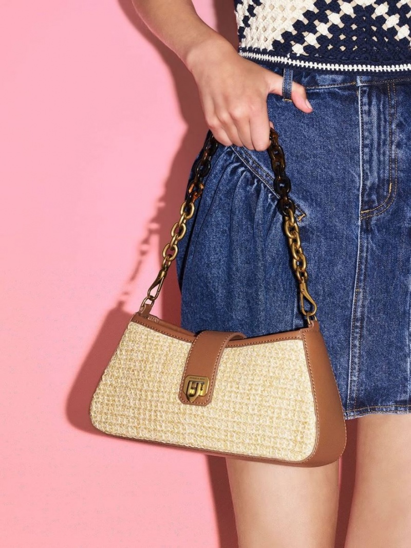 τσάντεσ tote Charles And Keith Arwen Raffia Χοντρός Chain Μπεζ | 57264-UJOR