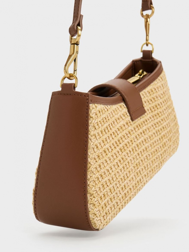 τσάντεσ tote Charles And Keith Arwen Raffia Χοντρός Chain Μπεζ | 57264-UJOR
