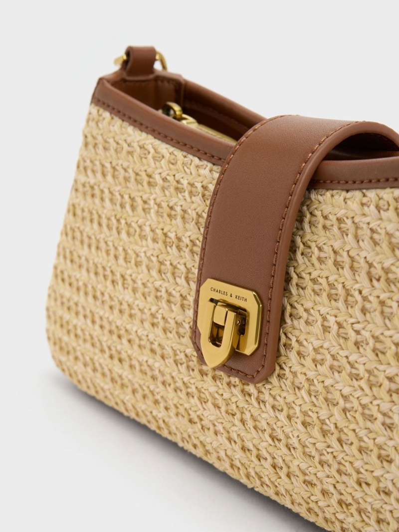 τσάντεσ tote Charles And Keith Arwen Raffia Χοντρός Chain Μπεζ | 57264-UJOR