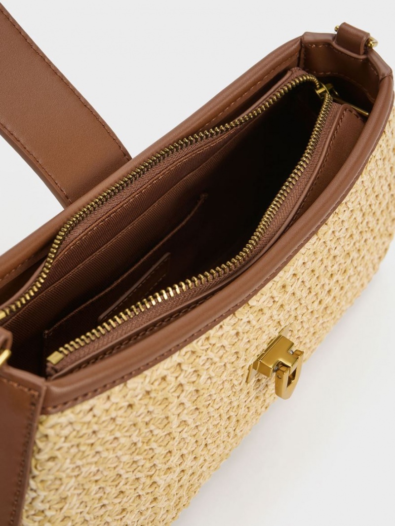 τσάντεσ tote Charles And Keith Arwen Raffia Χοντρός Chain Μπεζ | 57264-UJOR
