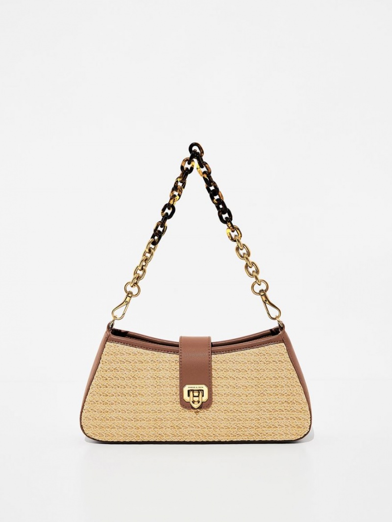 τσάντεσ tote Charles And Keith Arwen Raffia Χοντρός Chain Μπεζ | 57264-UJOR