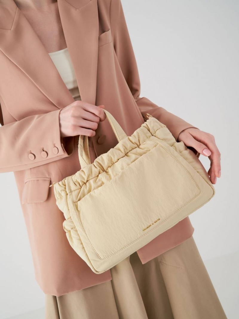 τσάντεσ tote Charles And Keith Aspen Ruched Double Handle Μπεζ | 26849-DNZR