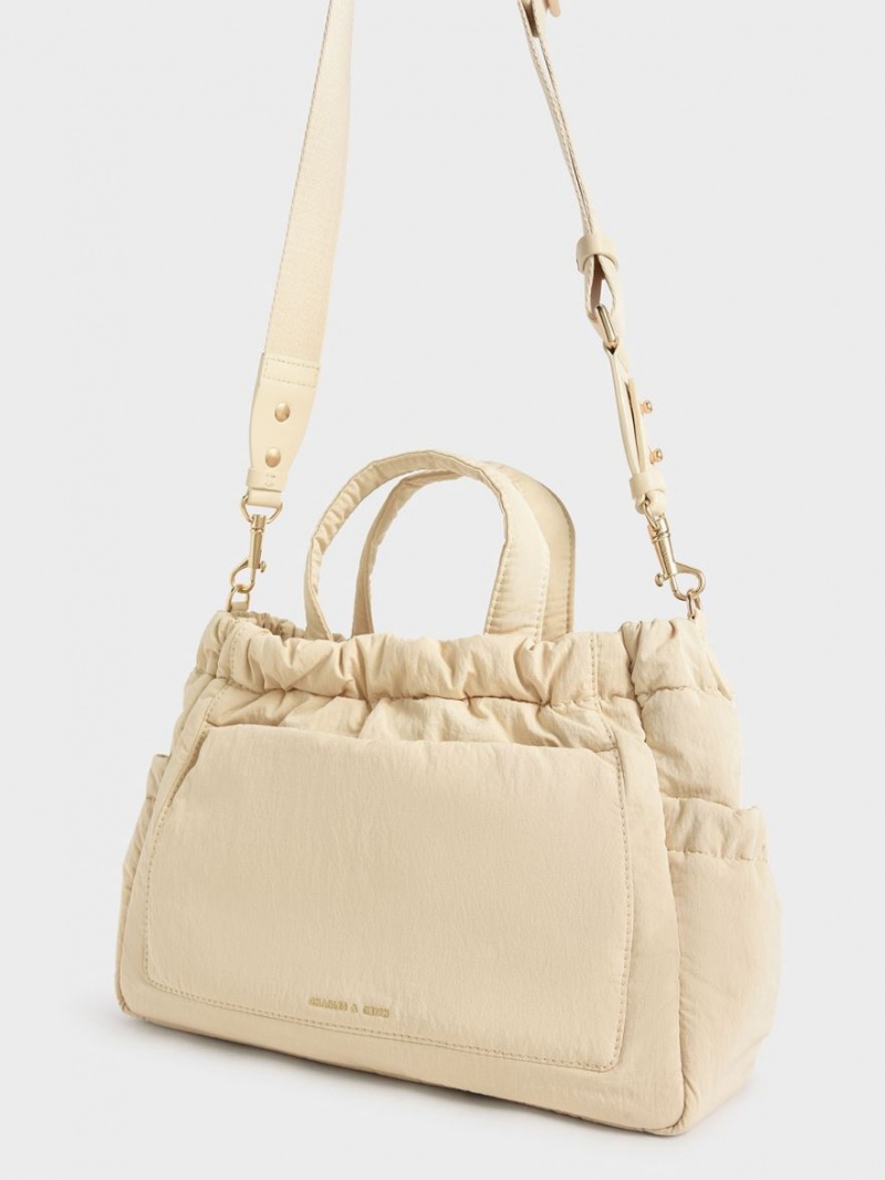 τσάντεσ tote Charles And Keith Aspen Ruched Double Handle Μπεζ | 26849-DNZR