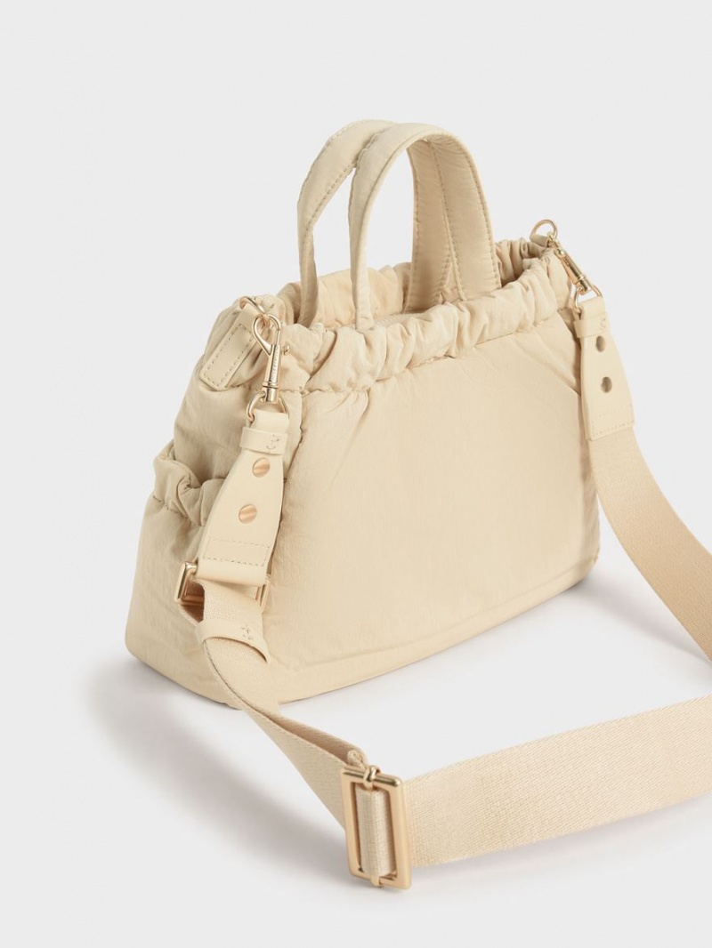 τσάντεσ tote Charles And Keith Aspen Ruched Double Handle Μπεζ | 26849-DNZR