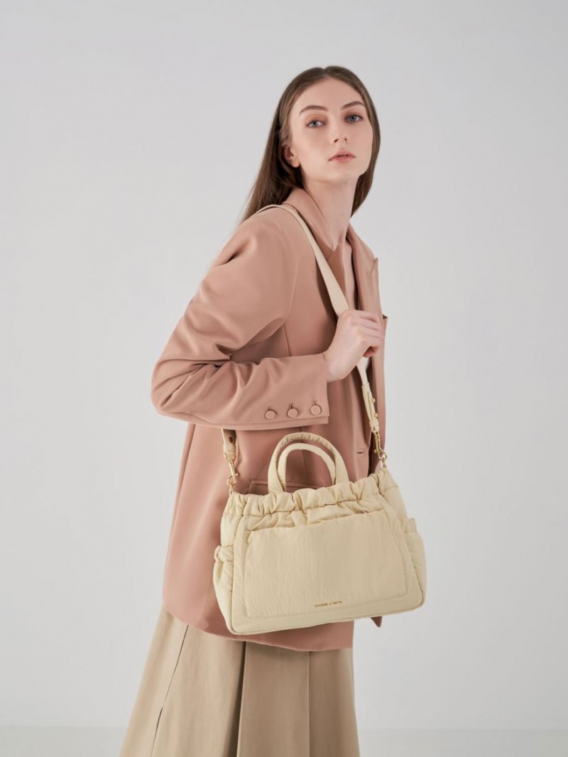 τσάντεσ tote Charles And Keith Aspen Ruched Double Handle Μπεζ | 26849-DNZR