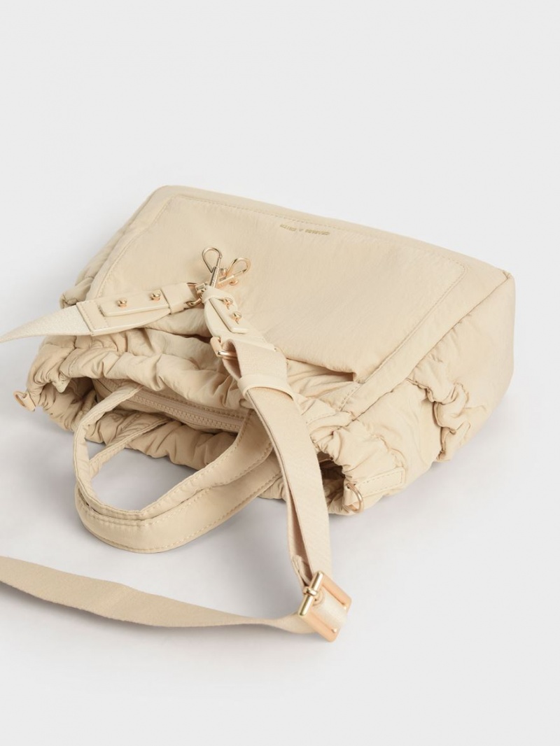 τσάντεσ tote Charles And Keith Aspen Ruched Double Handle Μπεζ | 26849-DNZR