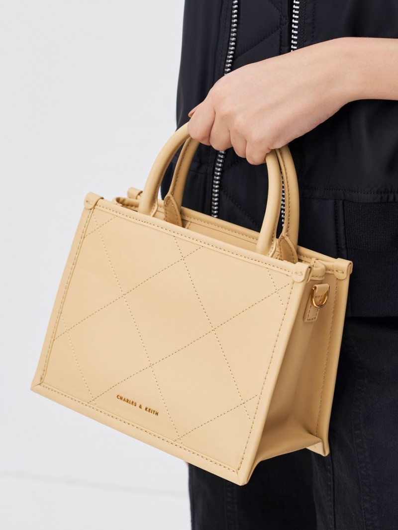τσάντεσ tote Charles And Keith Celia Καπιτονέ Double Handle Μπεζ | 17905-SVIY
