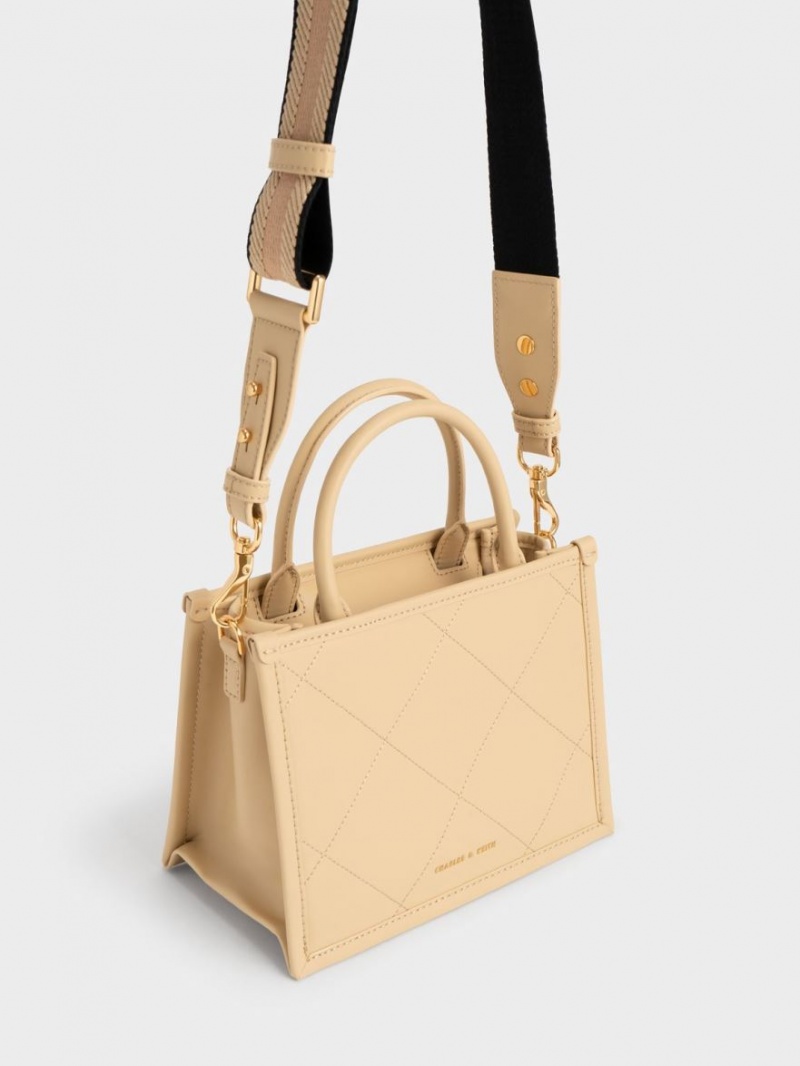 τσάντεσ tote Charles And Keith Celia Καπιτονέ Double Handle Μπεζ | 17905-SVIY