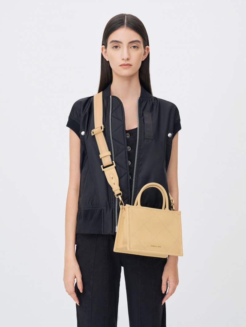 τσάντεσ tote Charles And Keith Celia Καπιτονέ Double Handle Μπεζ | 17905-SVIY