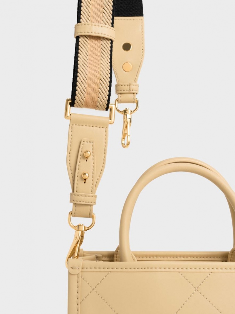 τσάντεσ tote Charles And Keith Celia Καπιτονέ Double Handle Μπεζ | 17905-SVIY