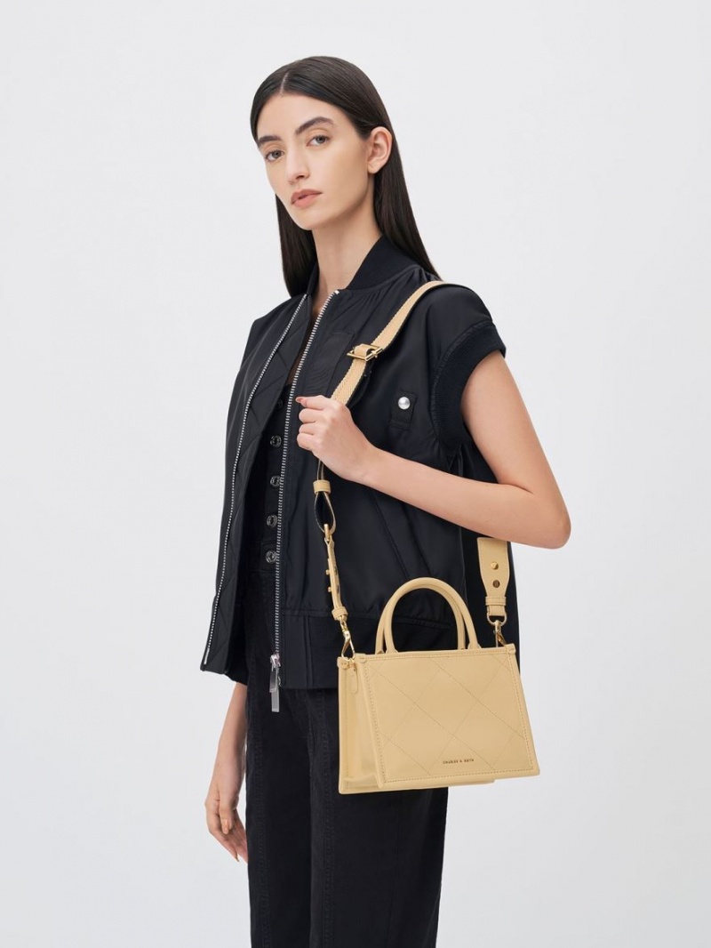 τσάντεσ tote Charles And Keith Celia Καπιτονέ Double Handle Μπεζ | 17905-SVIY