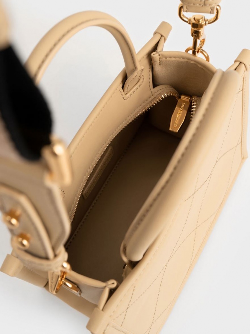 τσάντεσ tote Charles And Keith Celia Καπιτονέ Double Handle Μπεζ | 17905-SVIY