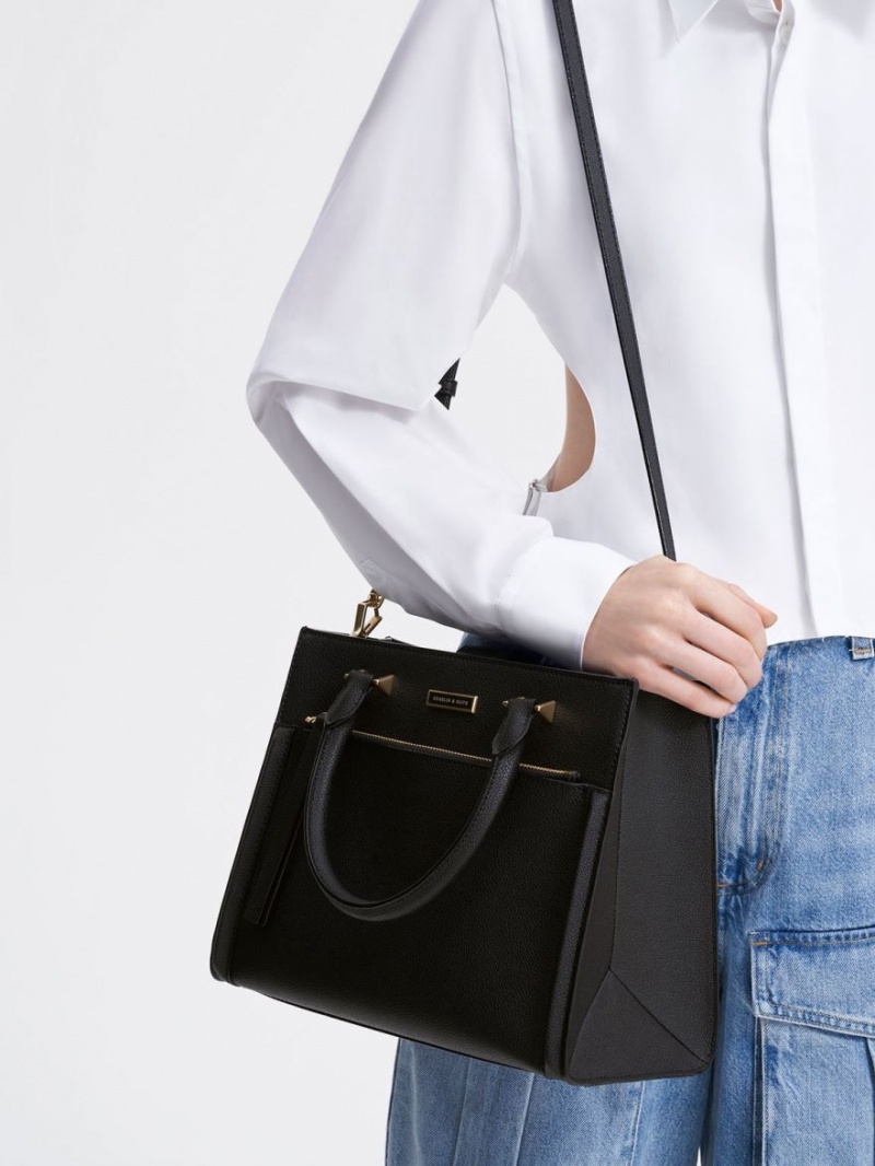 τσάντεσ tote Charles And Keith Double Handle Front Zip μαυρα | 74593-YODM