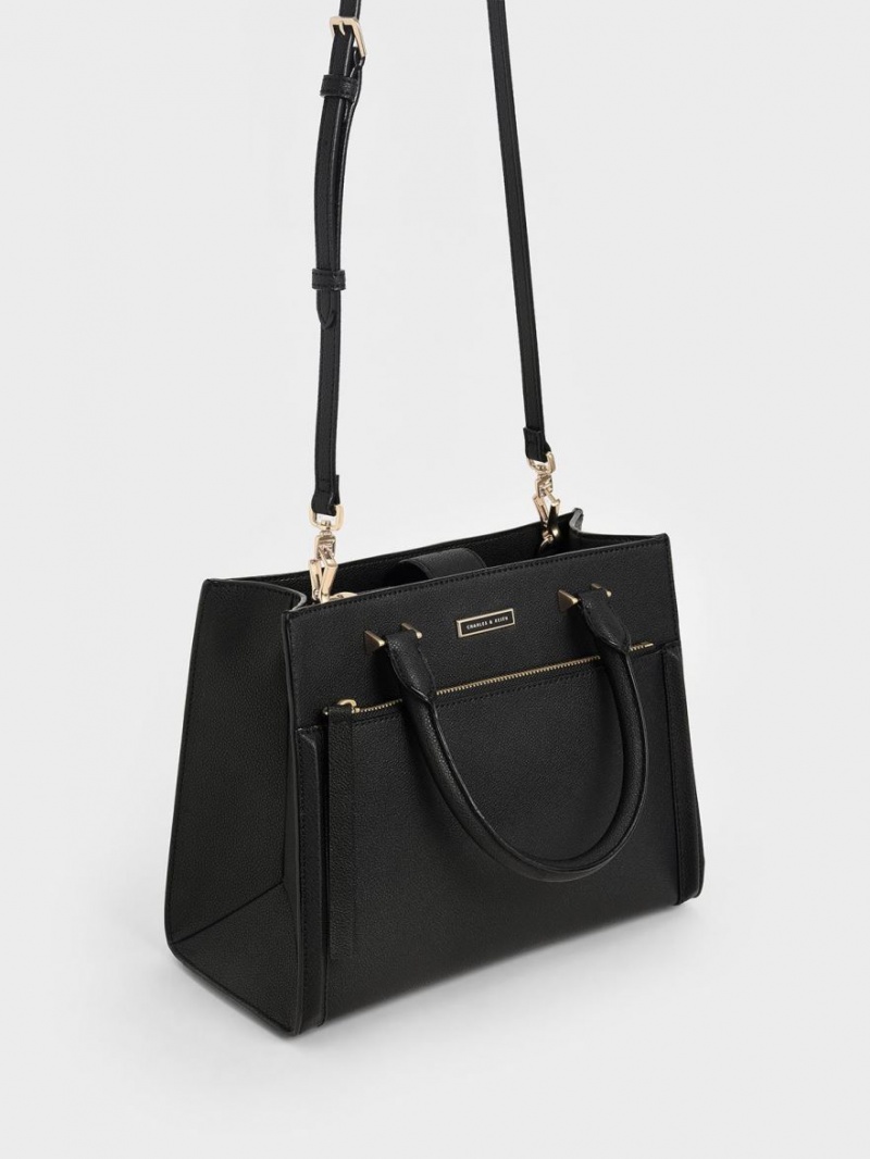 τσάντεσ tote Charles And Keith Double Handle Front Zip μαυρα | 74593-YODM