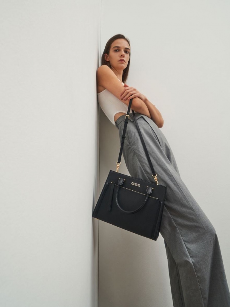 τσάντεσ tote Charles And Keith Double Handle Front Zip μαυρα | 74593-YODM