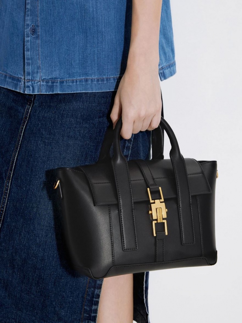 τσάντεσ tote Charles And Keith Dua Buckled Trapeze μαυρα | 93401-QCVB