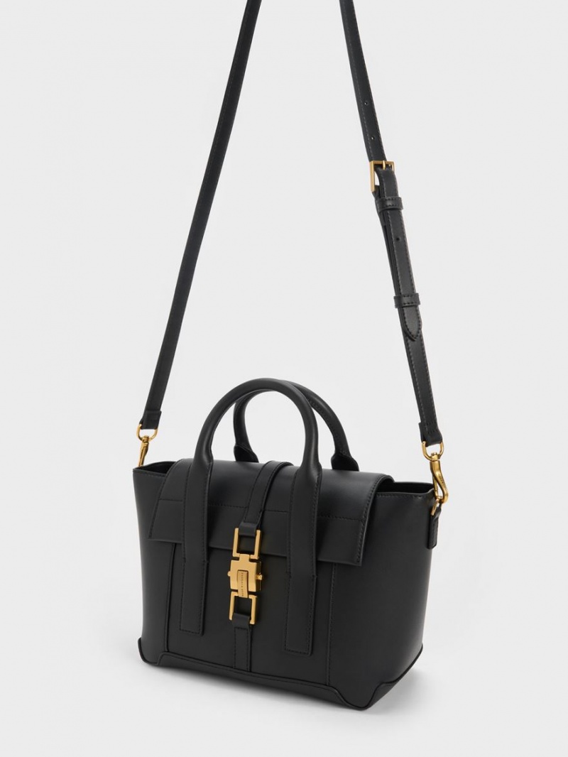 τσάντεσ tote Charles And Keith Dua Buckled Trapeze μαυρα | 93401-QCVB