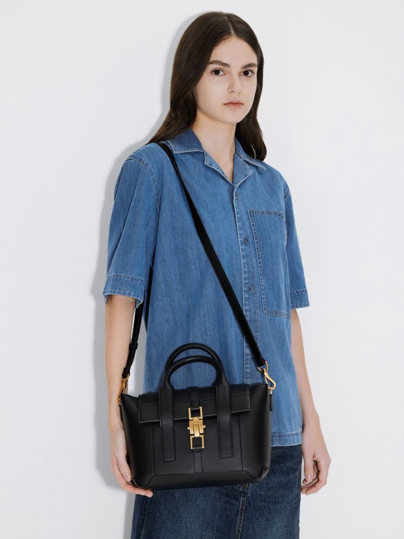 τσάντεσ tote Charles And Keith Dua Buckled Trapeze μαυρα | 93401-QCVB