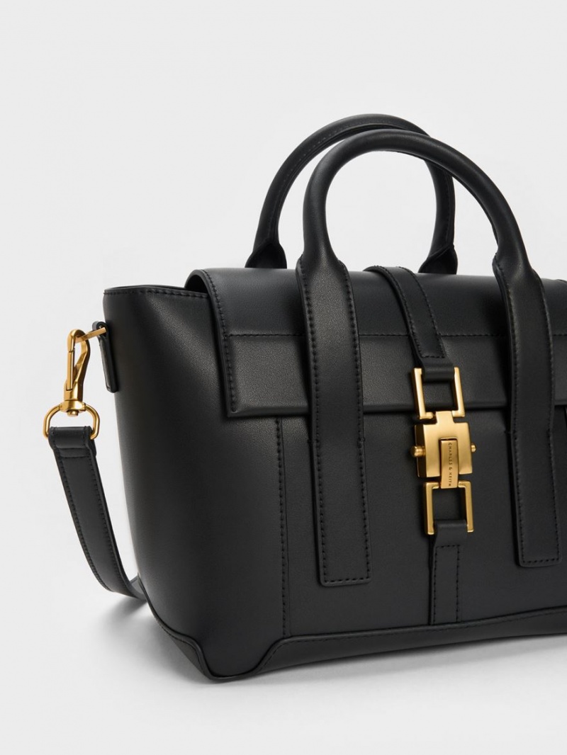 τσάντεσ tote Charles And Keith Dua Buckled Trapeze μαυρα | 93401-QCVB