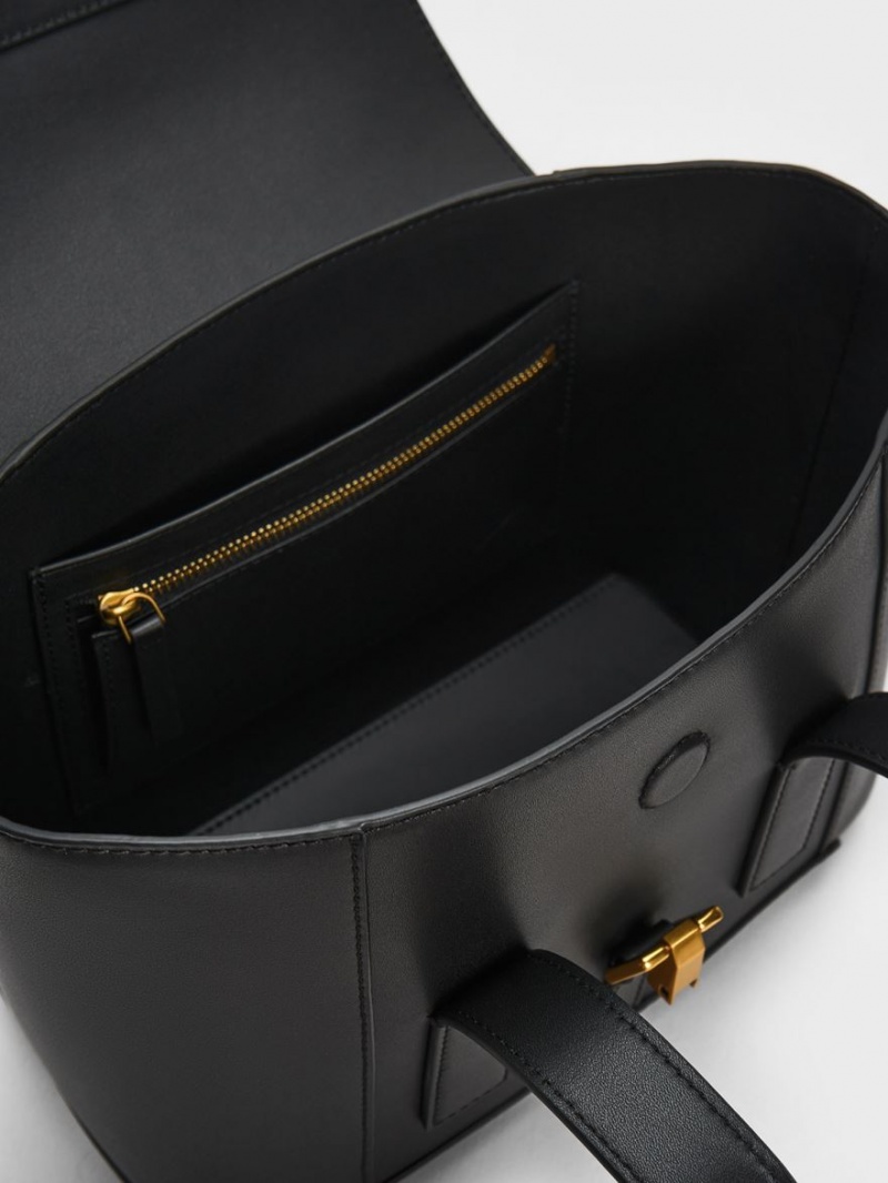 τσάντεσ tote Charles And Keith Dua Buckled Trapeze μαυρα | 93401-QCVB
