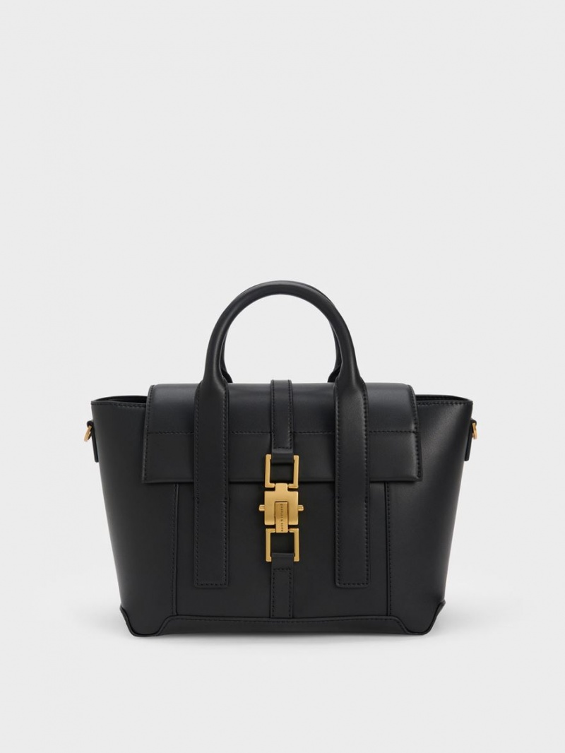 τσάντεσ tote Charles And Keith Dua Buckled Trapeze μαυρα | 93401-QCVB