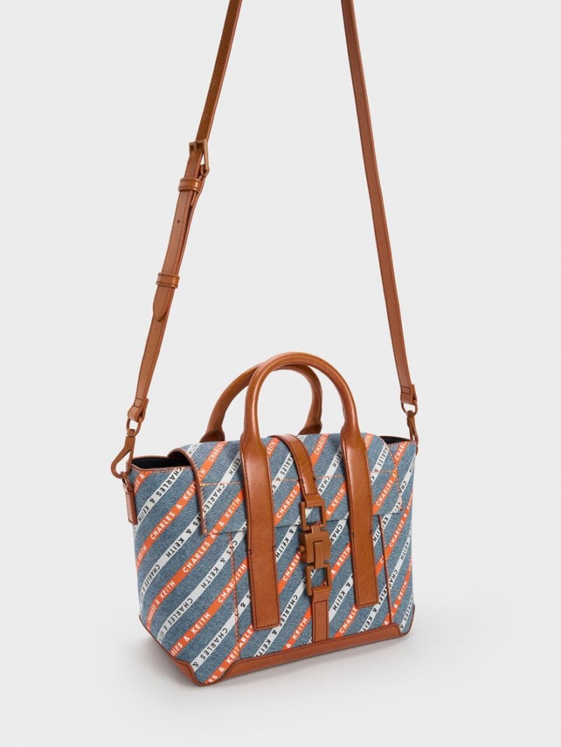 τσάντεσ tote Charles And Keith Dua Ριγέ Denim Buckled Trapeze Πολύχρωμο | 09827-FZLI