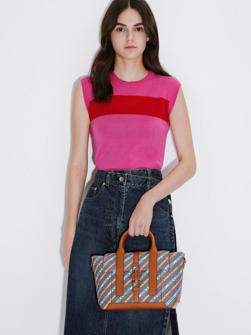 τσάντεσ tote Charles And Keith Dua Ριγέ Denim Buckled Trapeze Πολύχρωμο | 09827-FZLI