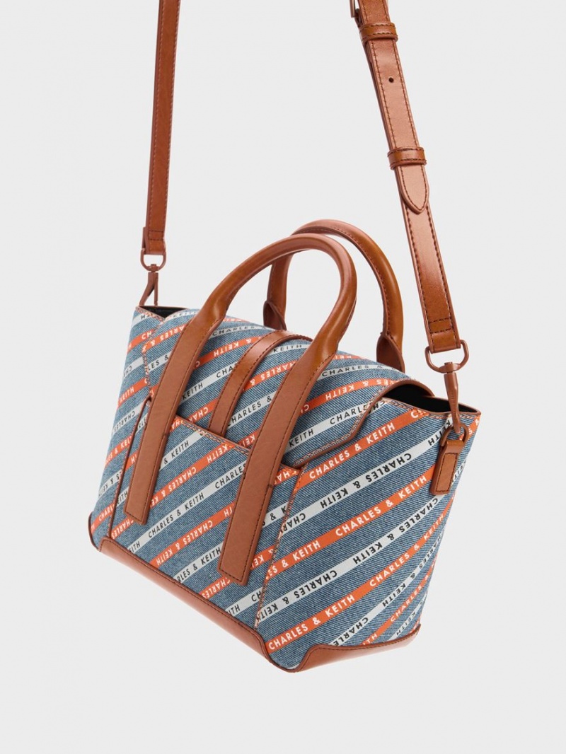 τσάντεσ tote Charles And Keith Dua Ριγέ Denim Buckled Trapeze Πολύχρωμο | 09827-FZLI