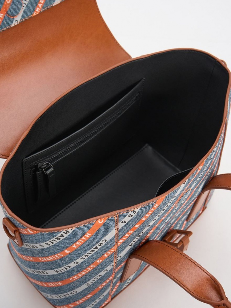τσάντεσ tote Charles And Keith Dua Ριγέ Denim Buckled Trapeze Πολύχρωμο | 09827-FZLI