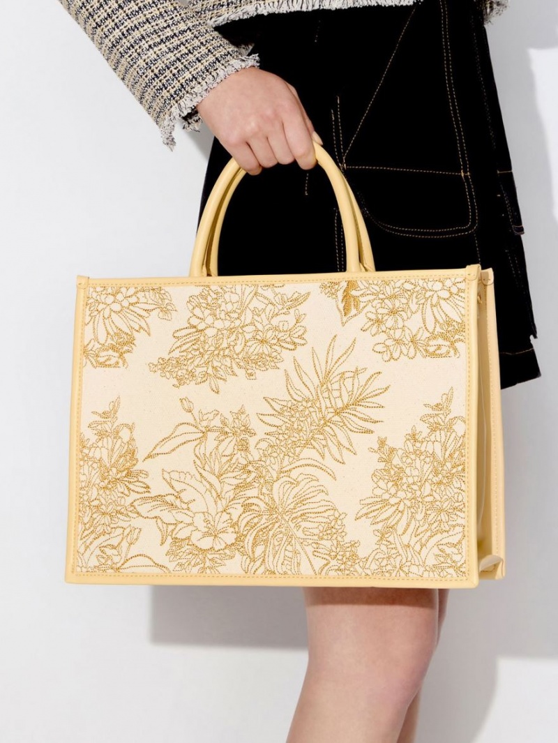 τσάντεσ tote Charles And Keith Floral Illustrated καμβα Μπεζ | 69425-FDLS