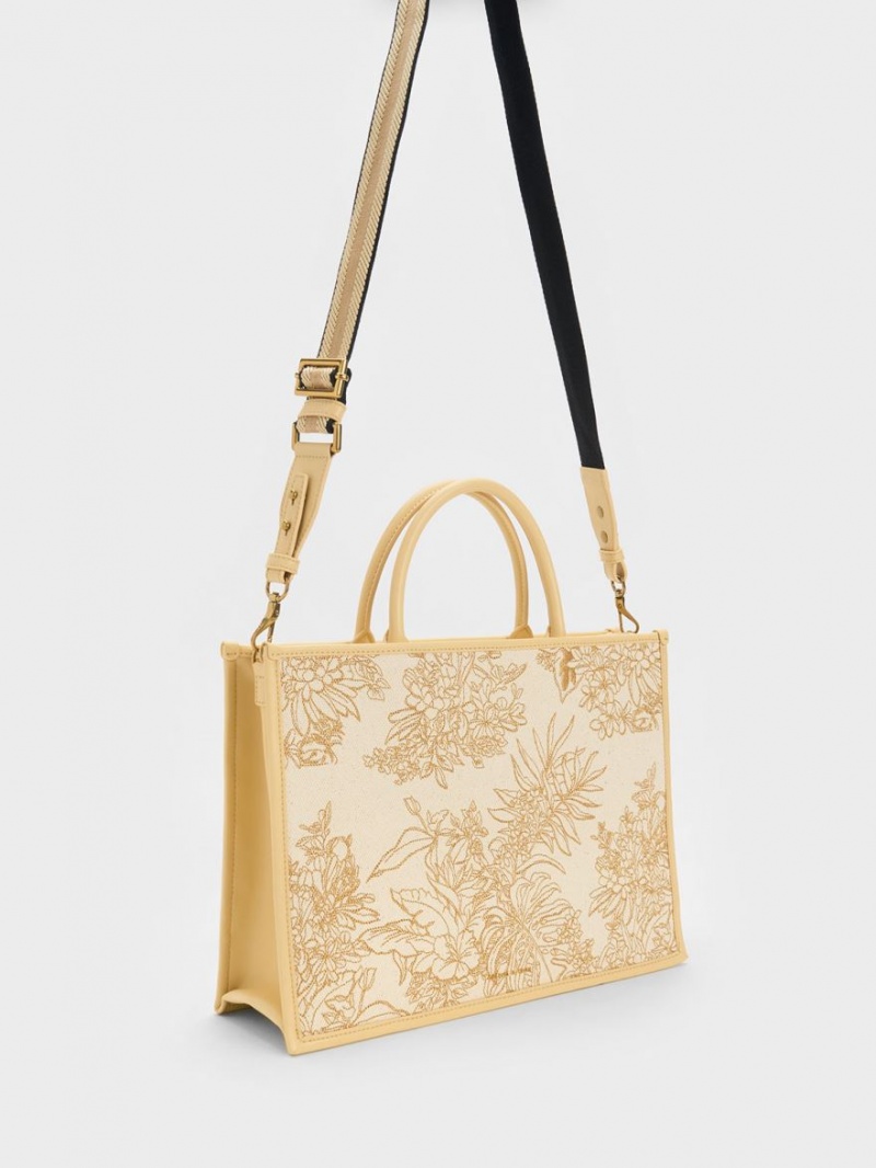 τσάντεσ tote Charles And Keith Floral Illustrated καμβα Μπεζ | 69425-FDLS