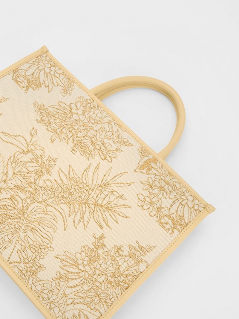 τσάντεσ tote Charles And Keith Floral Illustrated καμβα Μπεζ | 69425-FDLS