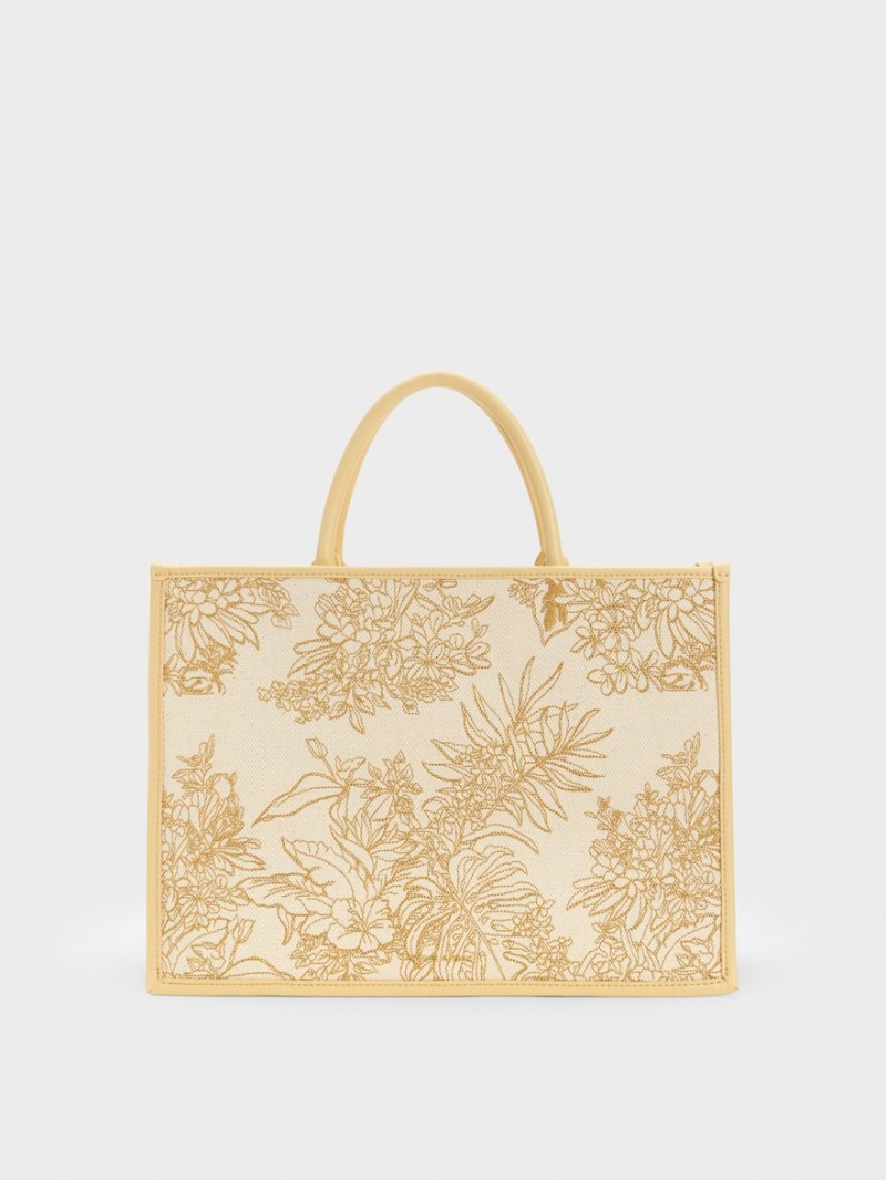 τσάντεσ tote Charles And Keith Floral Illustrated καμβα Μπεζ | 69425-FDLS