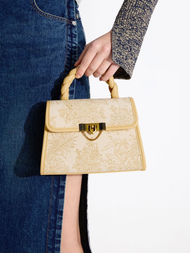 τσάντεσ tote Charles And Keith Floral Illustrated Trapeze Μπεζ | 37619-HYLJ