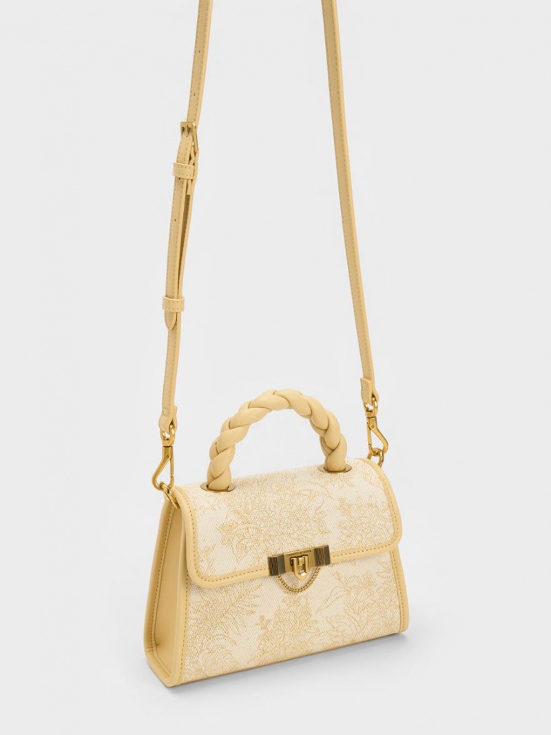 τσάντεσ tote Charles And Keith Floral Illustrated Trapeze Μπεζ | 37619-HYLJ