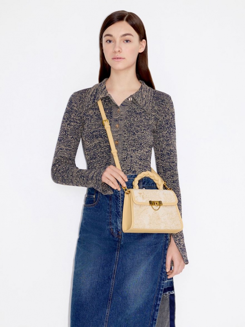 τσάντεσ tote Charles And Keith Floral Illustrated Trapeze Μπεζ | 37619-HYLJ